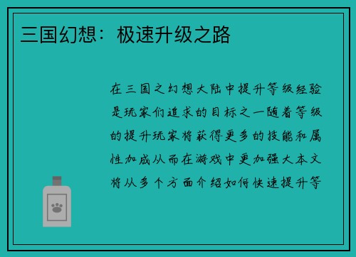 三国幻想：极速升级之路