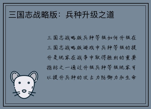 三国志战略版：兵种升级之道