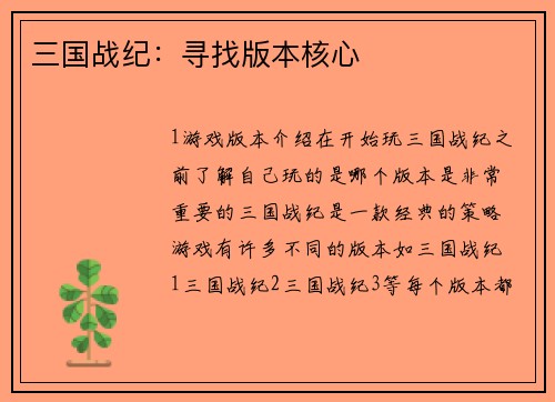 三国战纪：寻找版本核心